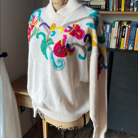 Colorful Embroidered Cowl Neck Sweater - Picture 2 of 10